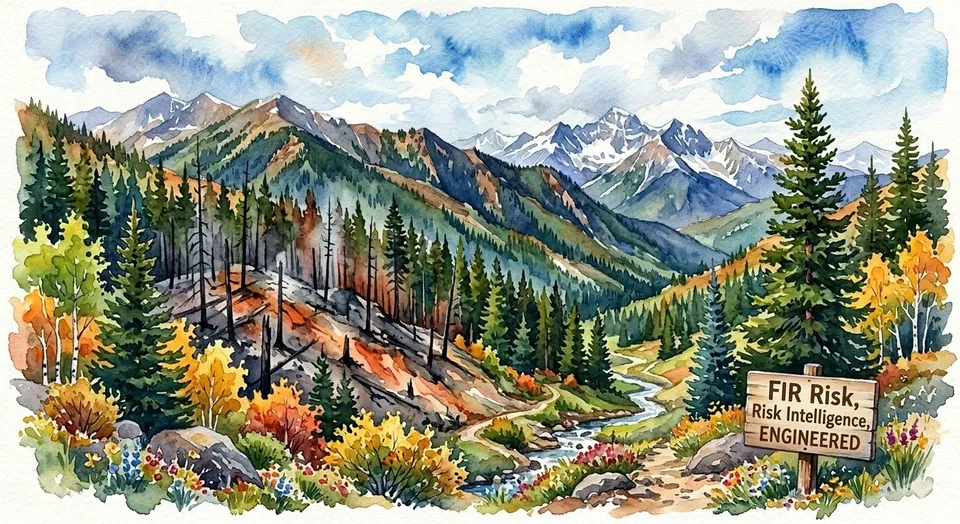 Watercolor of a Colorado mountain valley with a trail sign reading FIR Risk, Risk Intelligence, Engineered